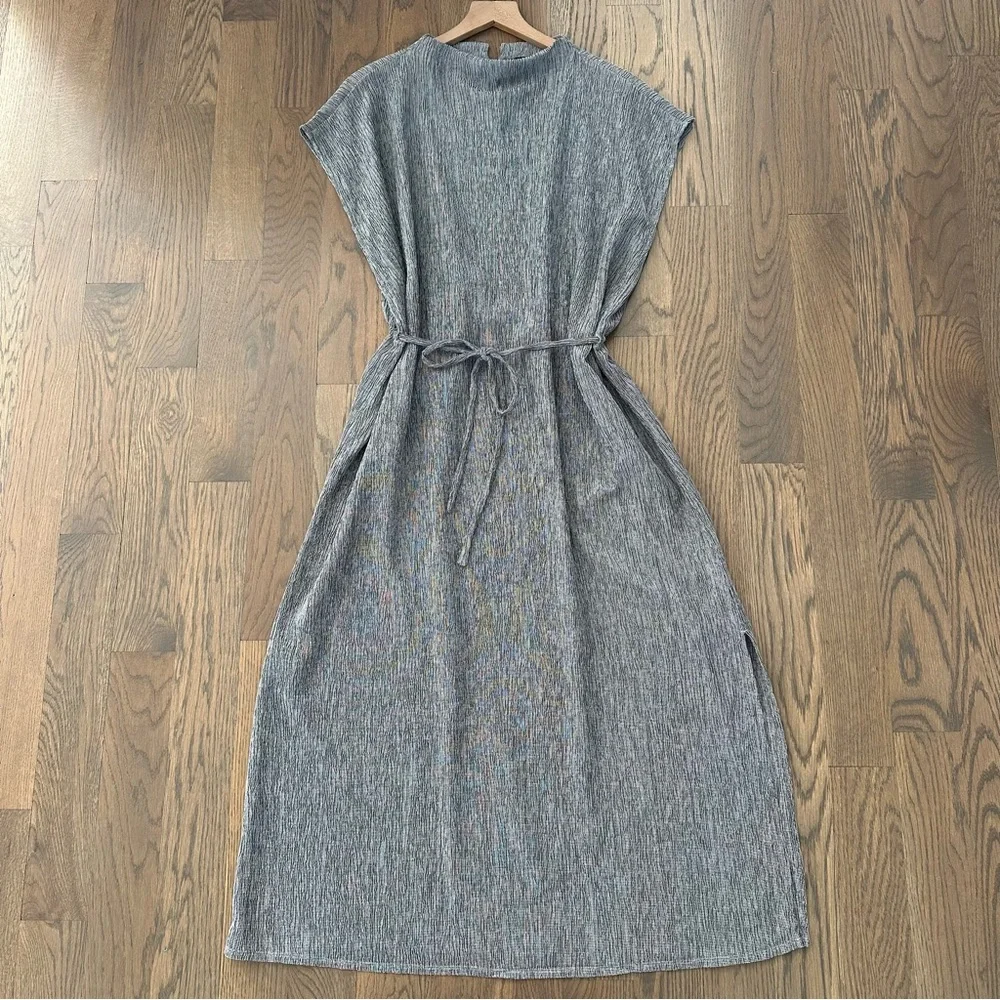 Eileen Fisher Woven Plissé Funnel Neck Full Length Dress in Grey Large